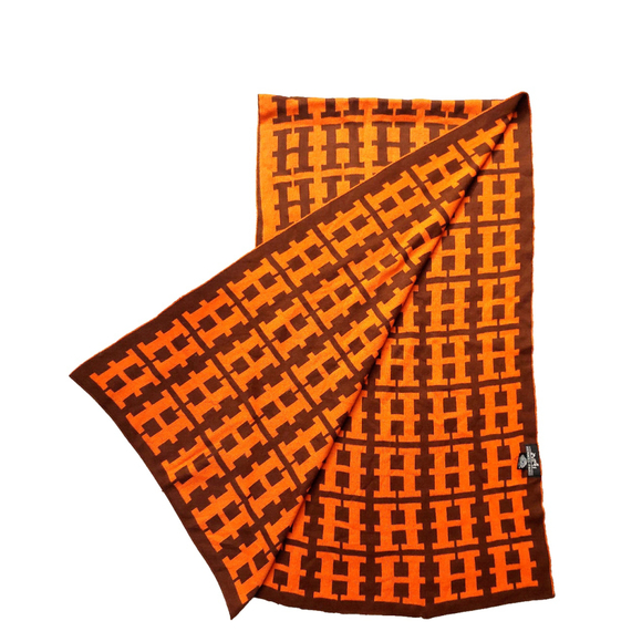HERMÈS Iconic Brown & Orange Reversibile H Print Wool Scarf Pre-owned - Picture 5 of 16